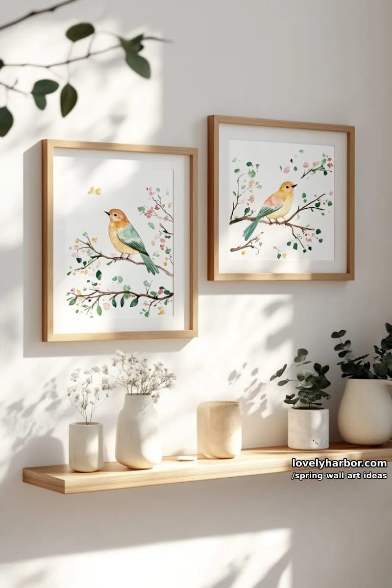 whimsical bird illustrations perched among watercolor florals for gallery wall ideas 1