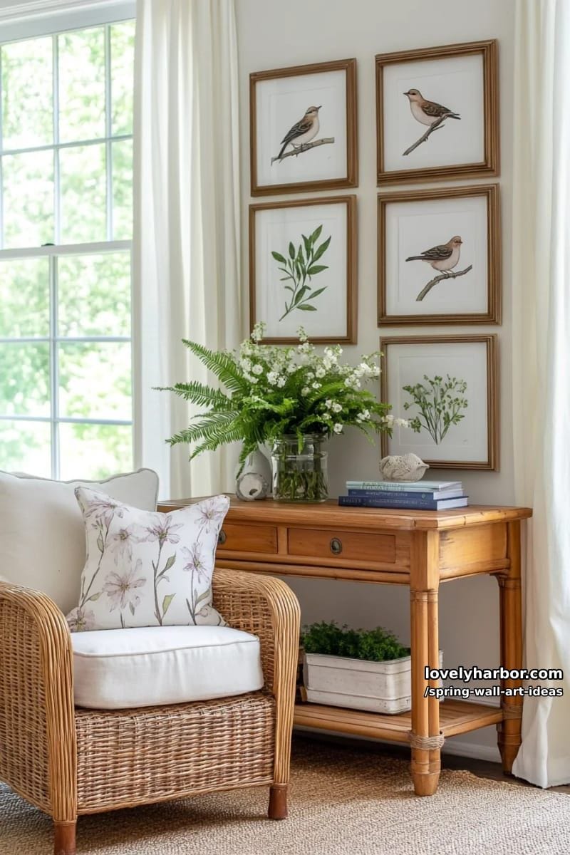 whimsical bird illustrations perched among watercolor florals for gallery wall ideas 1