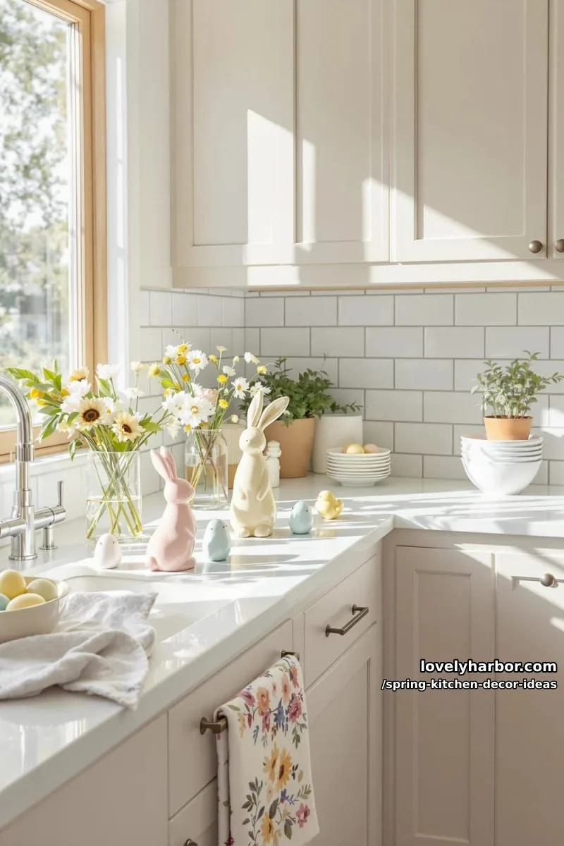 whimsical bunny and chick figurines on an l-shaped counter 1
