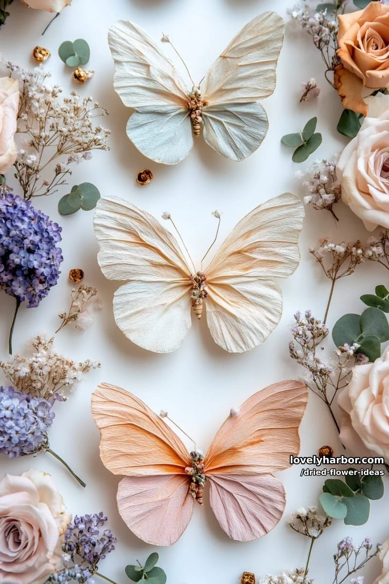 whimsical dried flower butterfly wall art using pastel blooms and greenery 1