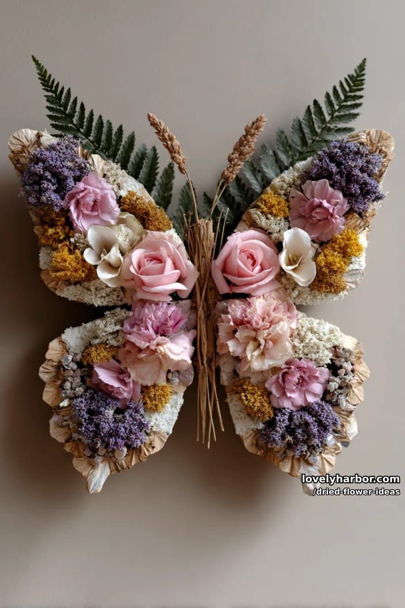 whimsical dried flower butterfly wall art using pastel blooms and greenery 1