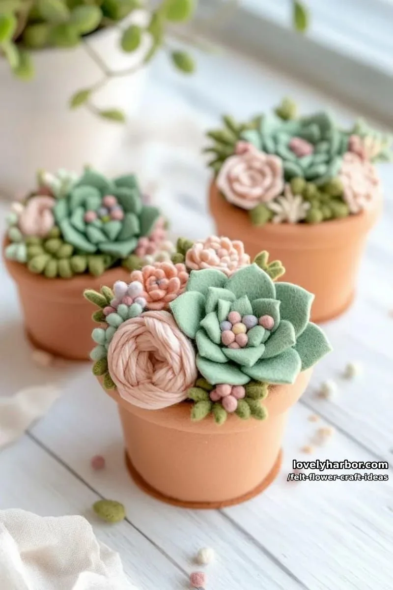whimsical felt succulent flowers in tiny clay pots 1