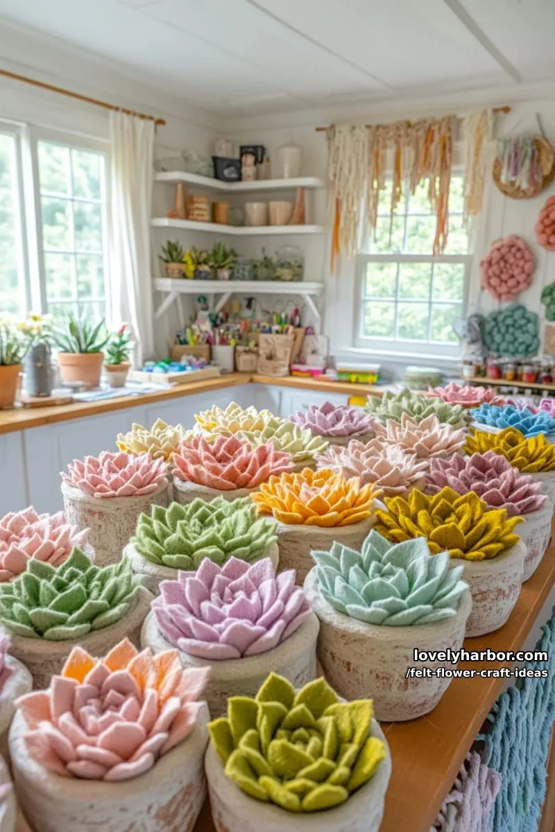 whimsical felt succulent flowers in tiny clay pots 1