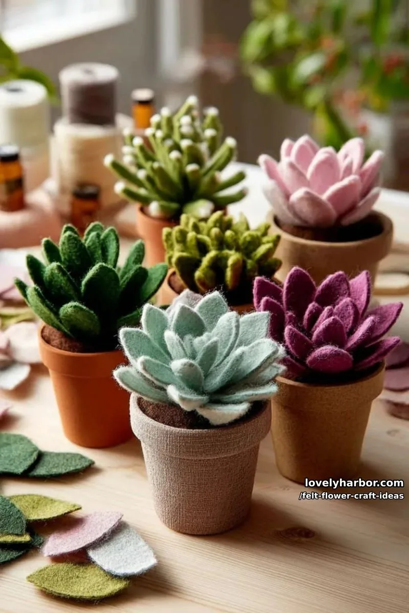 whimsical felt succulent flowers in tiny clay pots 1
