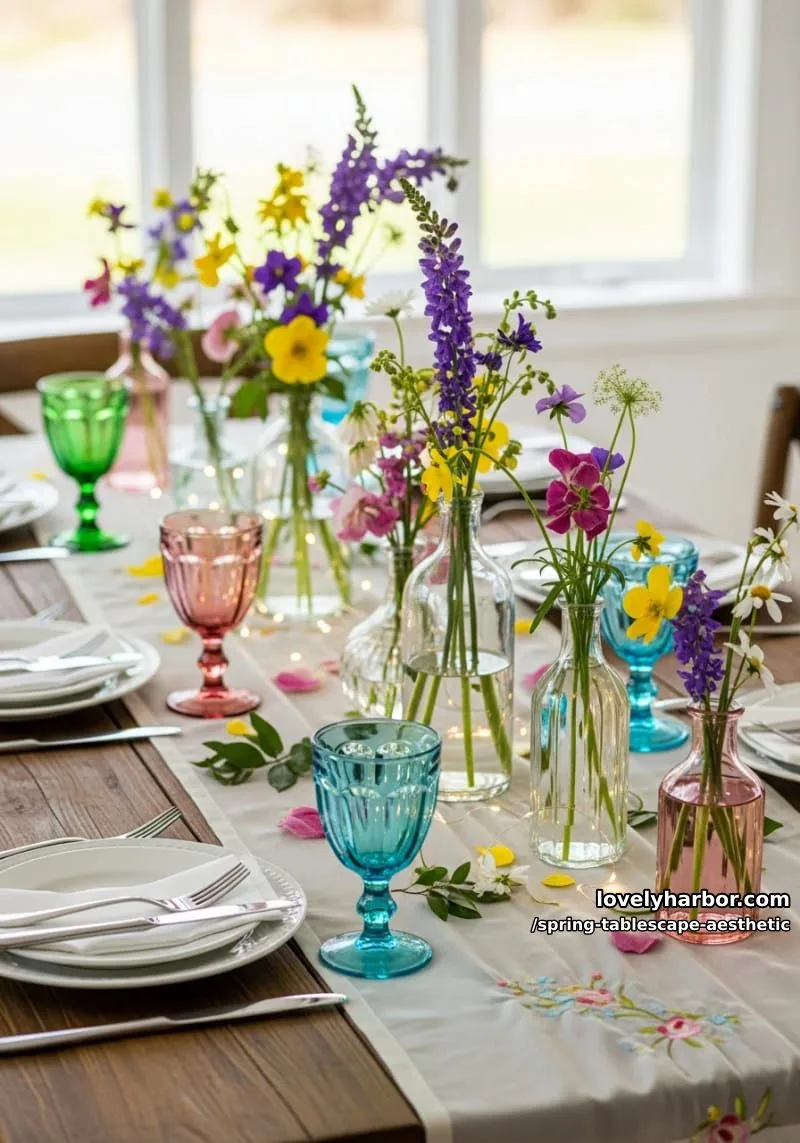 whimsical mix of wildflowers, fairy lights, and colored glass goblets 1