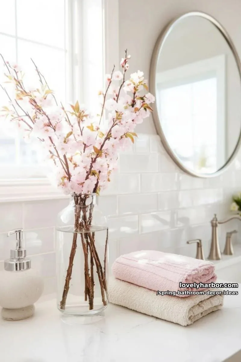 whimsical pink cherry blossom branches in a tall slender glass vase 1