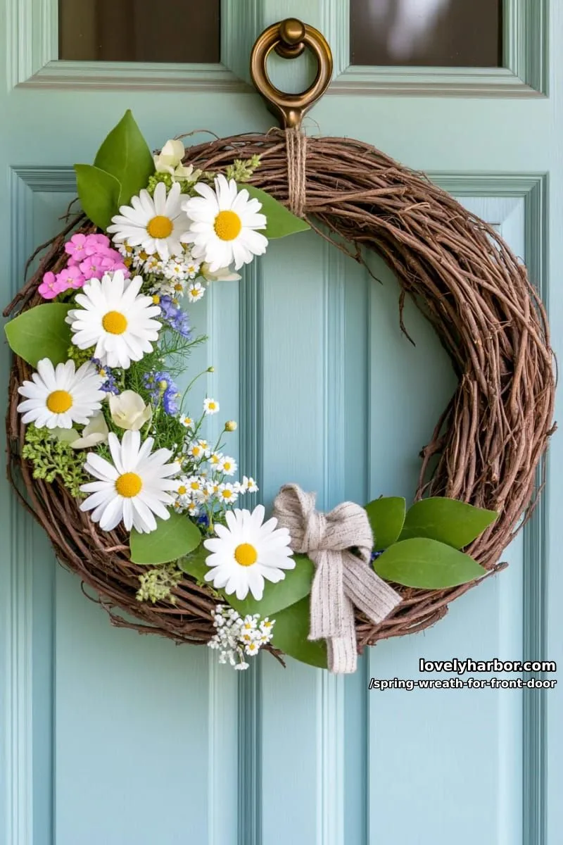 15 Unique Front Door Spring Wreaths for a Charming Entryway 22 whimsical wildflower wreath with daisy clusters and twine accents 1