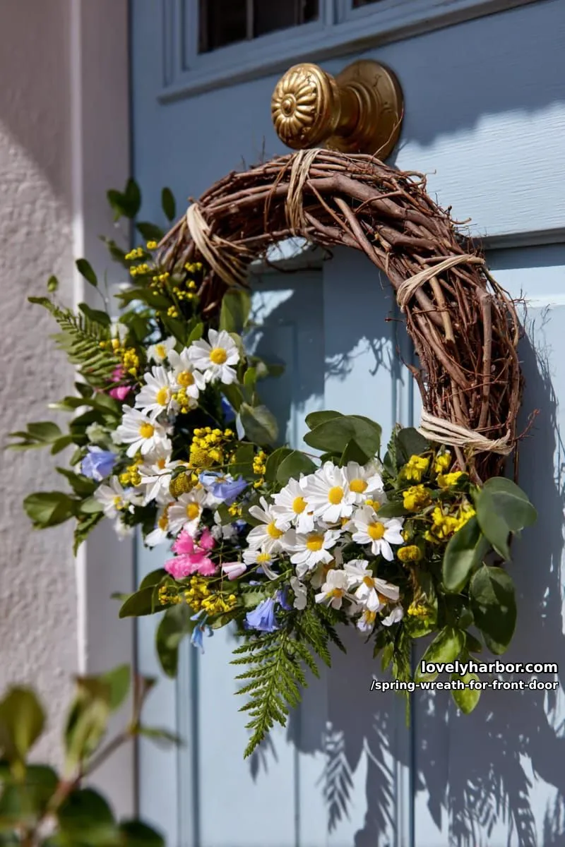 15 Unique Front Door Spring Wreaths for a Charming Entryway 23 whimsical wildflower wreath with daisy clusters and twine accents 1