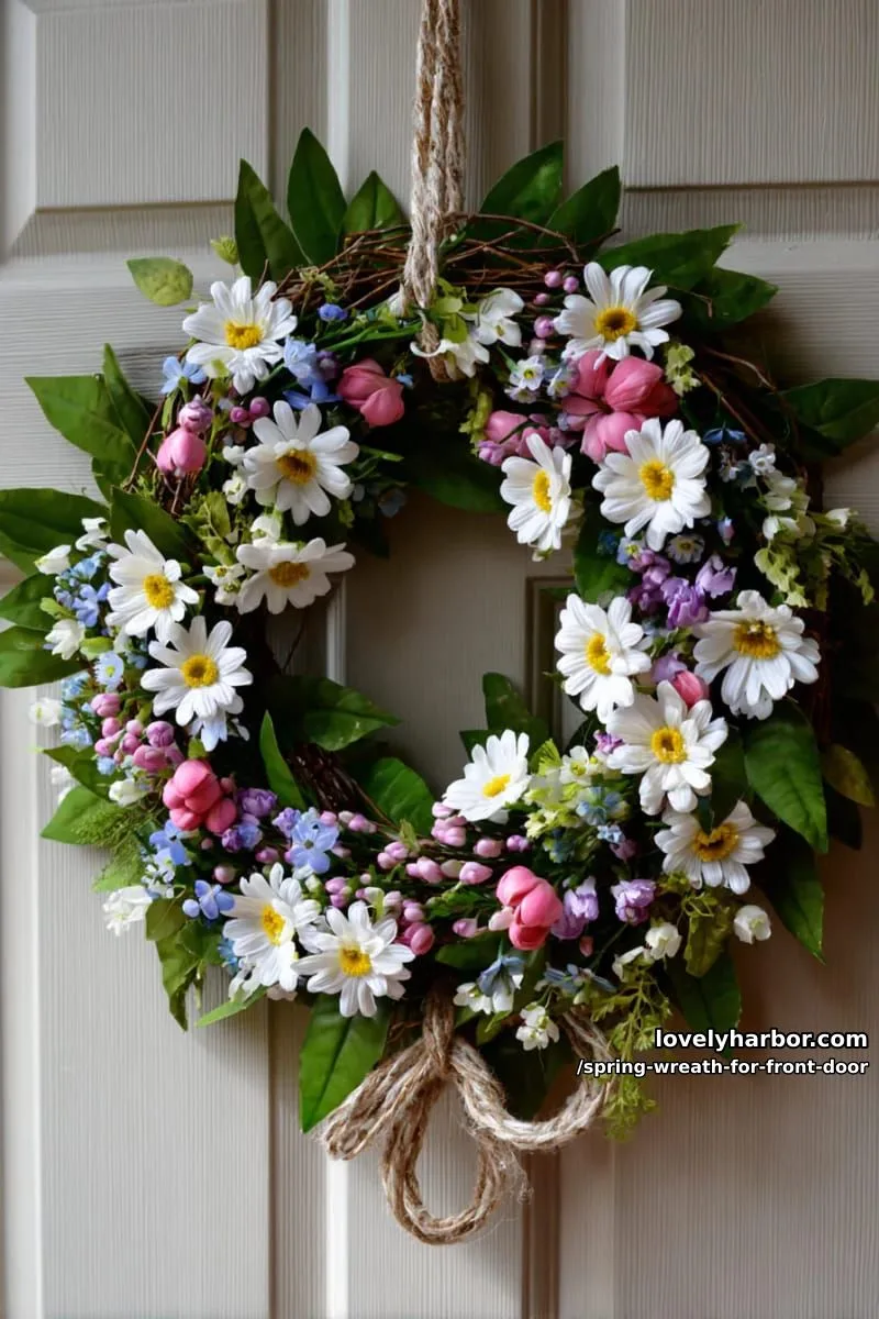 15 Unique Front Door Spring Wreaths for a Charming Entryway 24 whimsical wildflower wreath with daisy clusters and twine accents 1