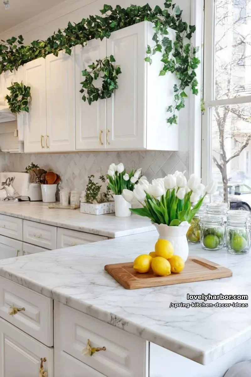 white kitchen cabinets accented with wreaths and trailing ivy 1