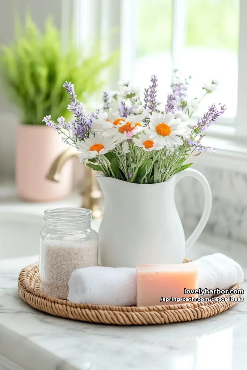 wildflower bouquet in a ceramic jug on a rattan vanity tray 1