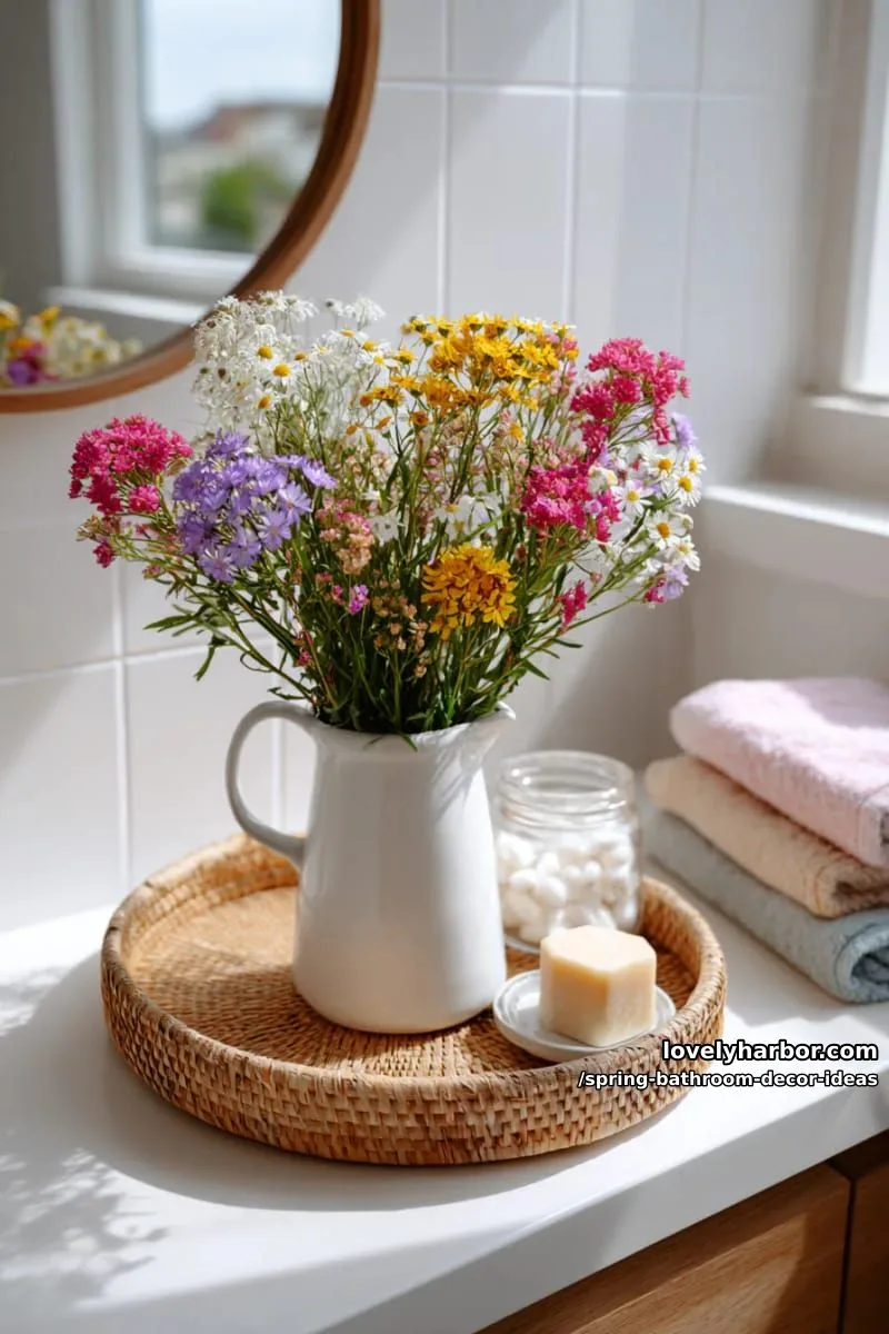 wildflower bouquet in a ceramic jug on a rattan vanity tray 1