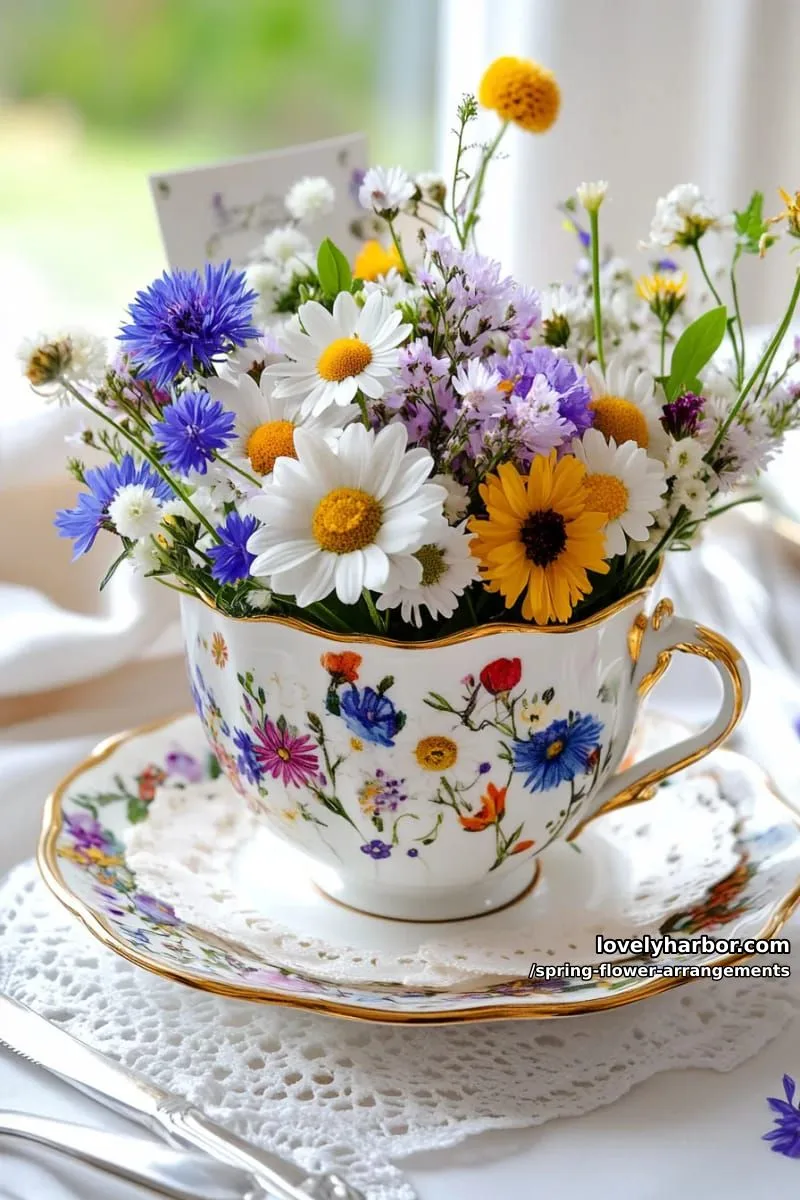 15 Spring Flower Arrangements That Will Warm Your Heart 5 wildflower meadow in a vintage teacup for a whimsical spring tablescape 1