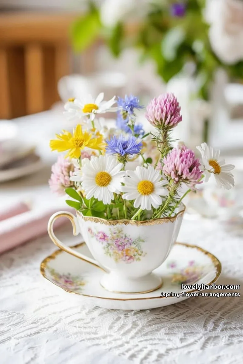15 Spring Flower Arrangements That Will Warm Your Heart 6 wildflower meadow in a vintage teacup for a whimsical spring tablescape 1