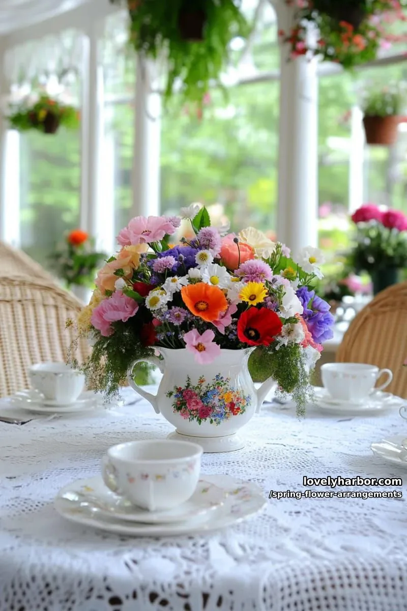 15 Spring Flower Arrangements That Will Warm Your Heart 7 wildflower meadow in a vintage teacup for a whimsical spring tablescape 1