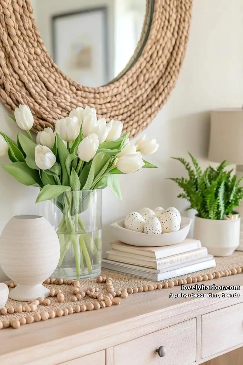 wooden bead garlands along a neutral spring-inspired entryway table 1