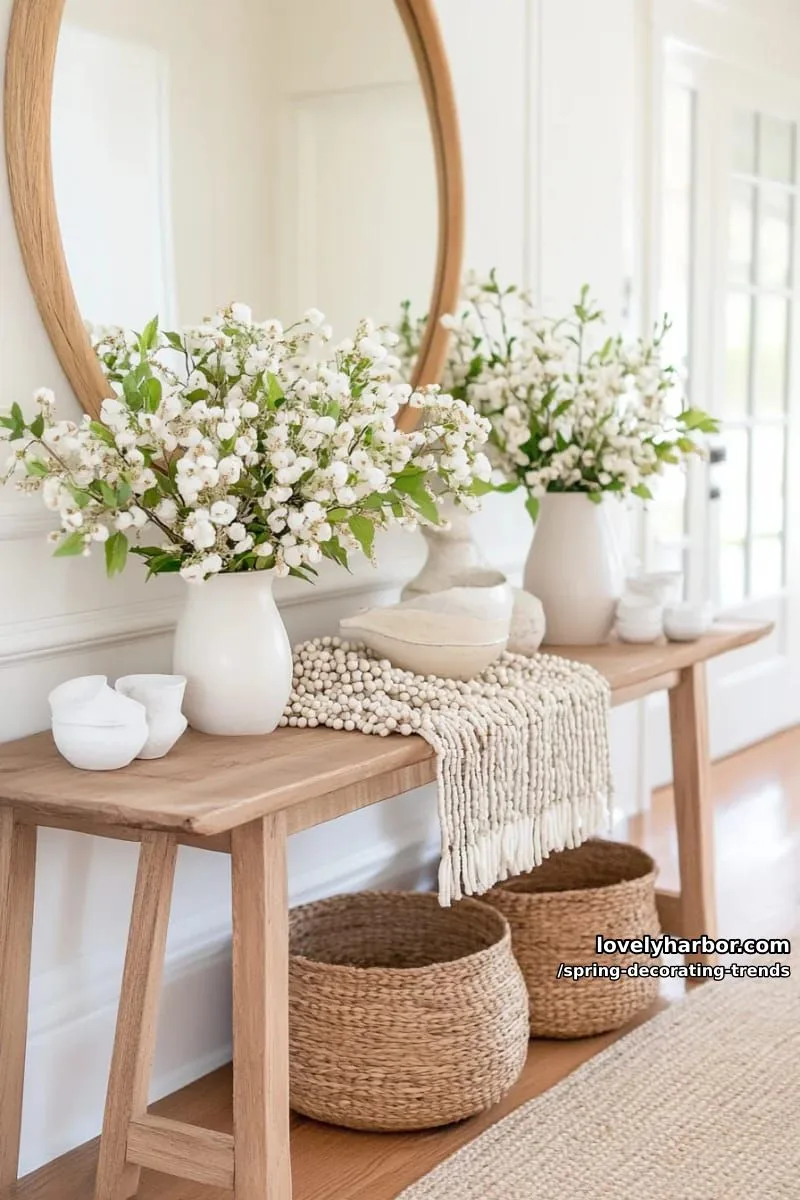 wooden bead garlands along a neutral spring-inspired entryway table 1