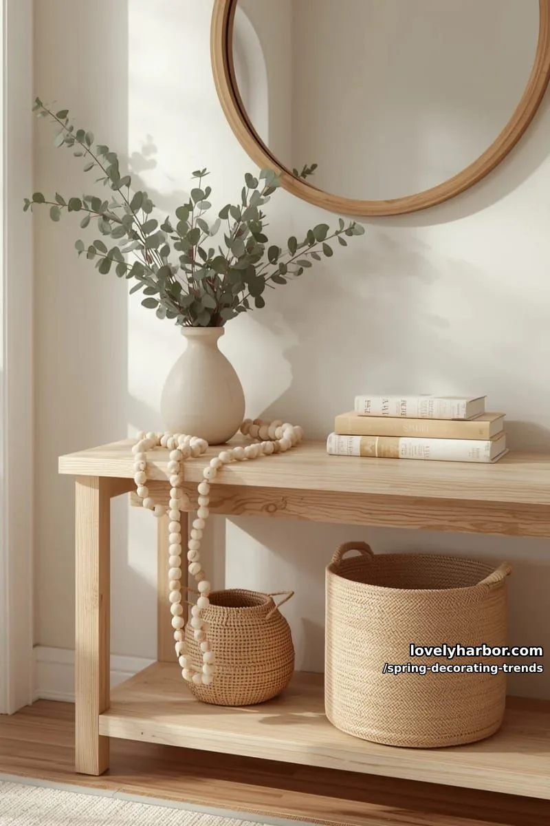 wooden bead garlands along a neutral spring-inspired entryway table 1
