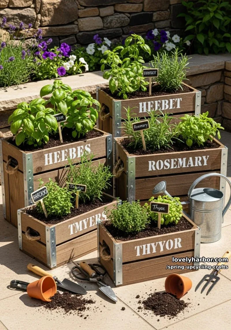 wooden crate herb gardens with stenciled botanical labels 1