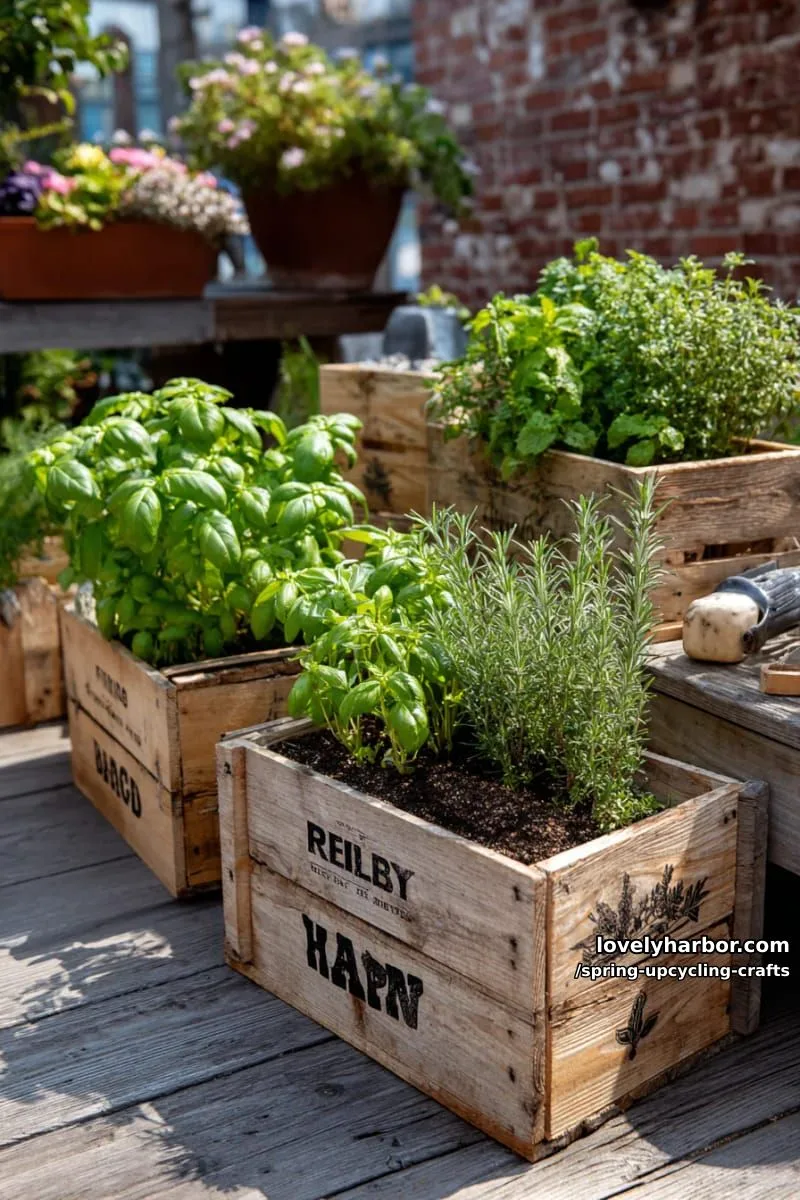 wooden crate herb gardens with stenciled botanical labels 1