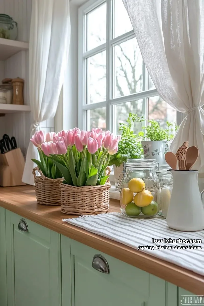 woven baskets filled with pink tulips under kitchen windows 1