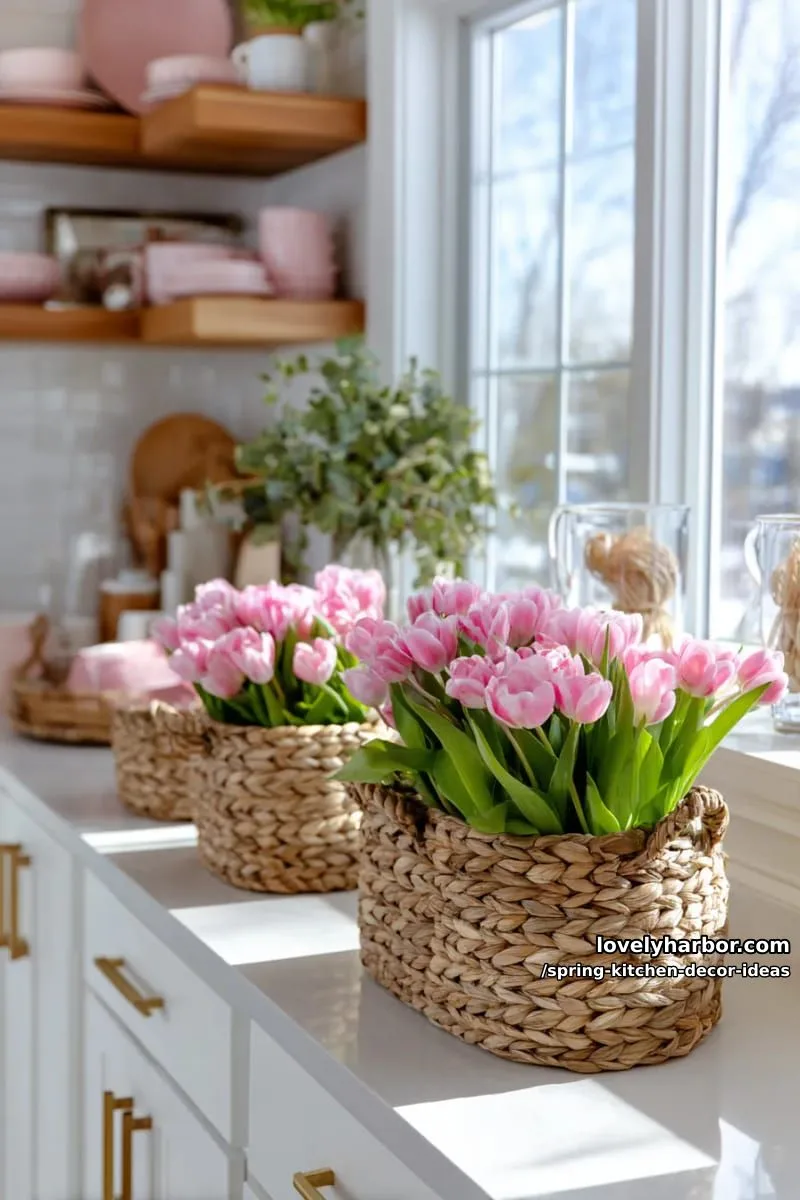 woven baskets filled with pink tulips under kitchen windows 1