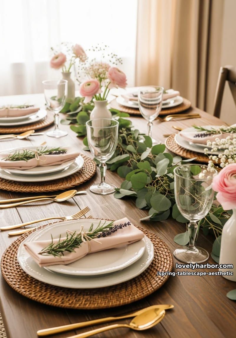 woven charger plates, airy greenery, and blush napkins tied with herbs 1