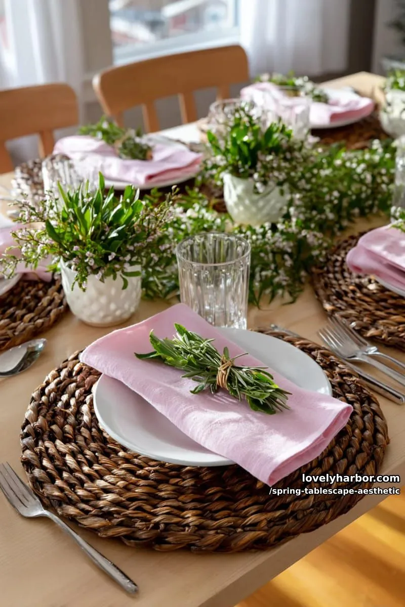 woven charger plates, airy greenery, and blush napkins tied with herbs 1