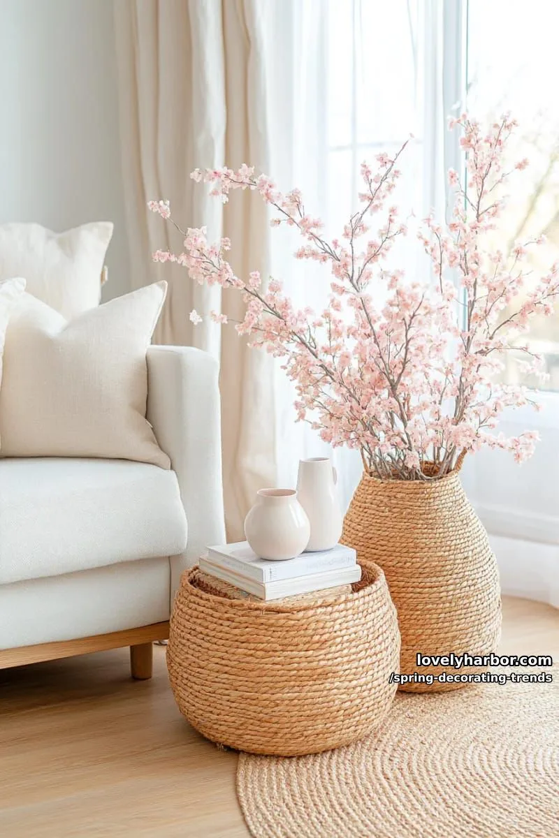 woven natural fiber baskets brimming with faux cherry blossoms 1