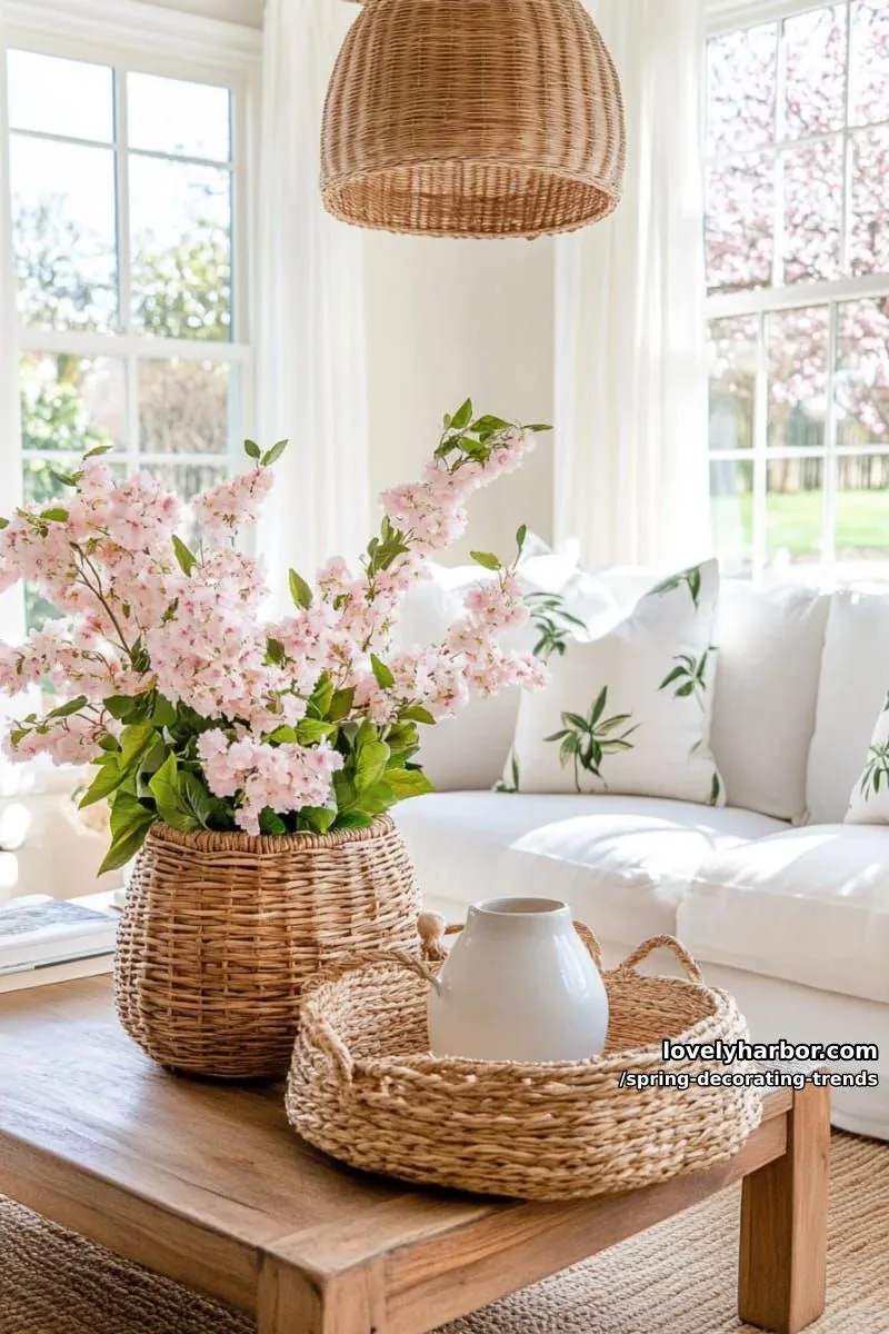 woven natural fiber baskets brimming with faux cherry blossoms 1