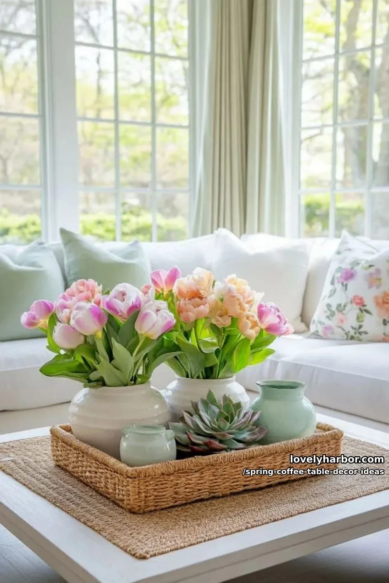 woven rattan basket centerpiece filled with succulents and spring blooms 1