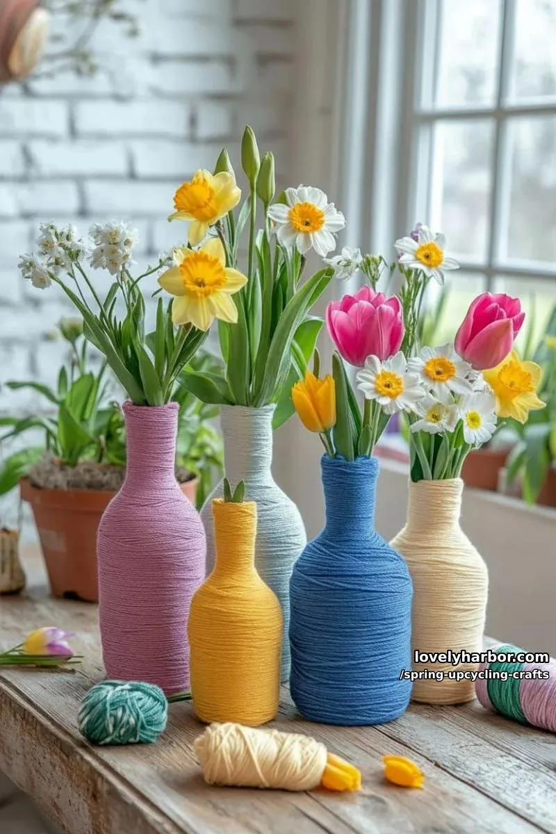 yarn-wrapped recycled bottles turned into cheerful vases 1