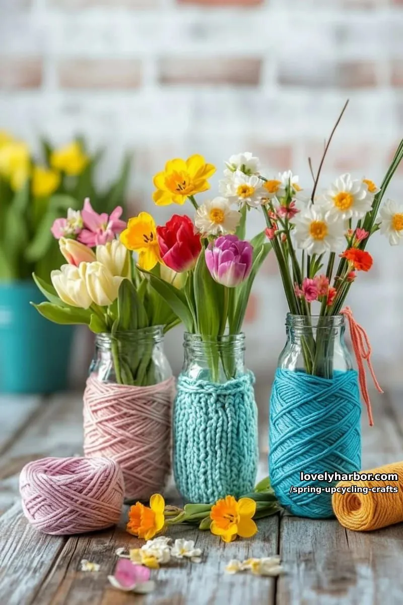 yarn-wrapped recycled bottles turned into cheerful vases 1