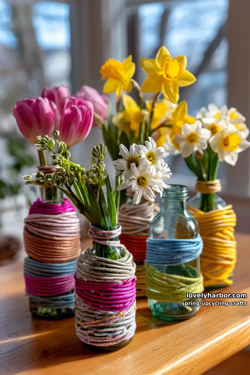 yarn-wrapped recycled bottles turned into cheerful vases 1