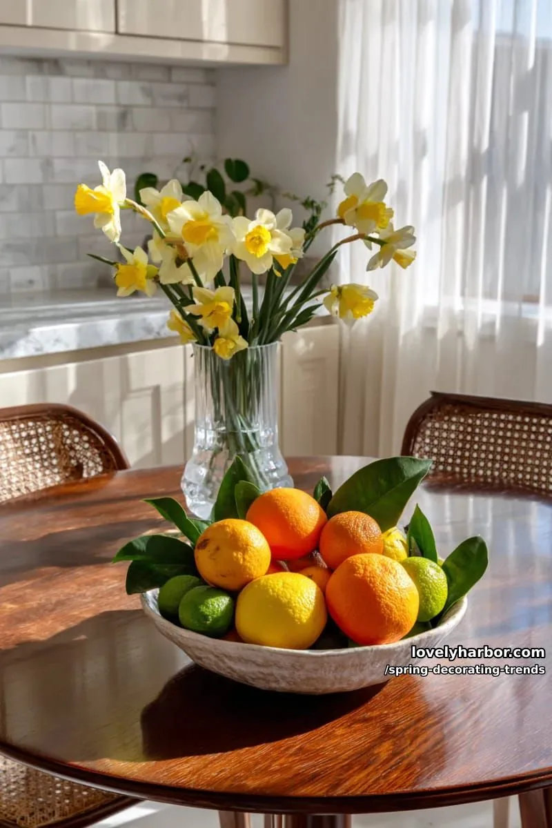 zesty citrus bowl centerpiece with blooming daffodils in a kitchen nook 1
