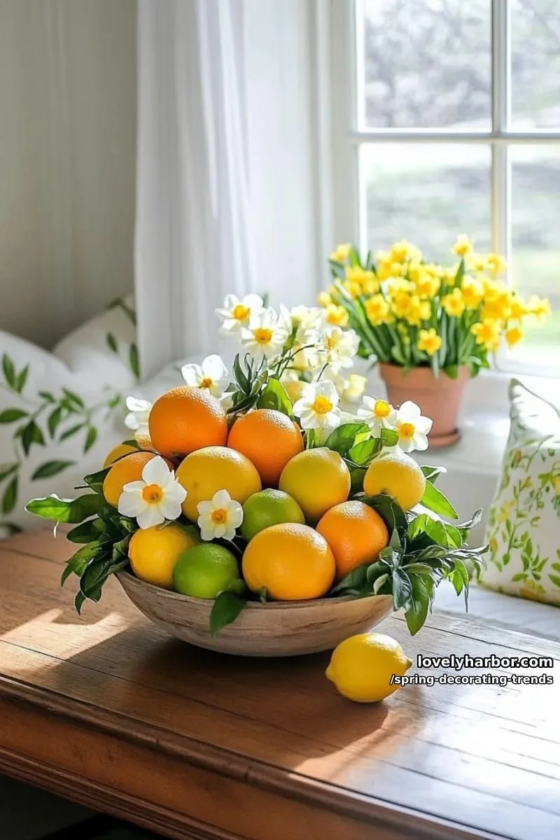 zesty citrus bowl centerpiece with blooming daffodils in a kitchen nook 1