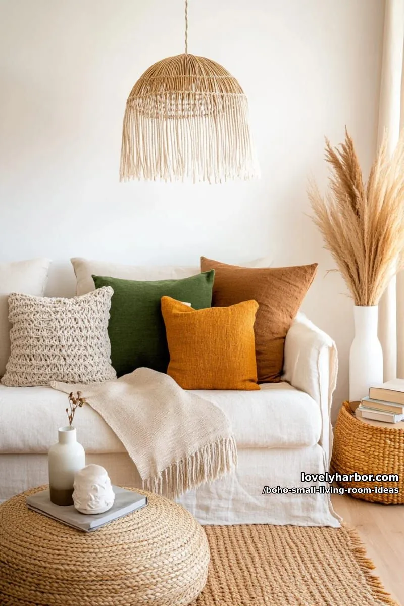 15 Boho Small Living Rooms Ideas That Turn Tiny Spaces Into Cozy Sanctuaries 32 add a woven pendant lamp for soft, natural lighting and texture. 1