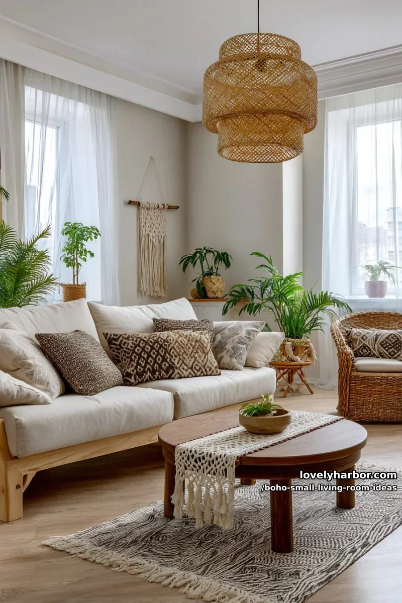 15 Boho Small Living Rooms Ideas That Turn Tiny Spaces Into Cozy Sanctuaries 33 add a woven pendant lamp for soft, natural lighting and texture. 1
