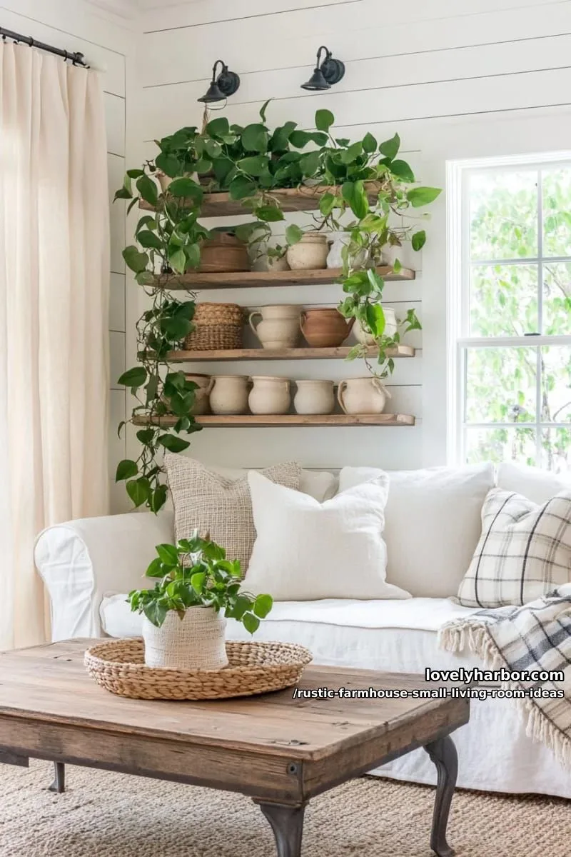 add floating reclaimed wood shelves filled with vintage pottery and trailing houseplants 1
