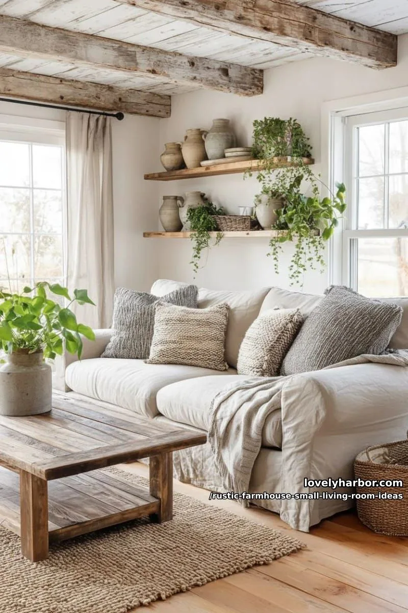 add floating reclaimed wood shelves filled with vintage pottery and trailing houseplants 1