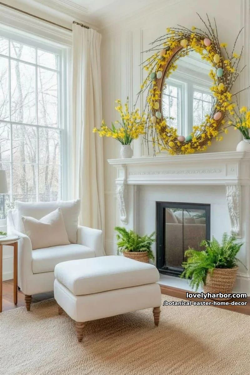 airy garlands of pussy willow, forsythia, and pastel wooden eggs over mirrors 1