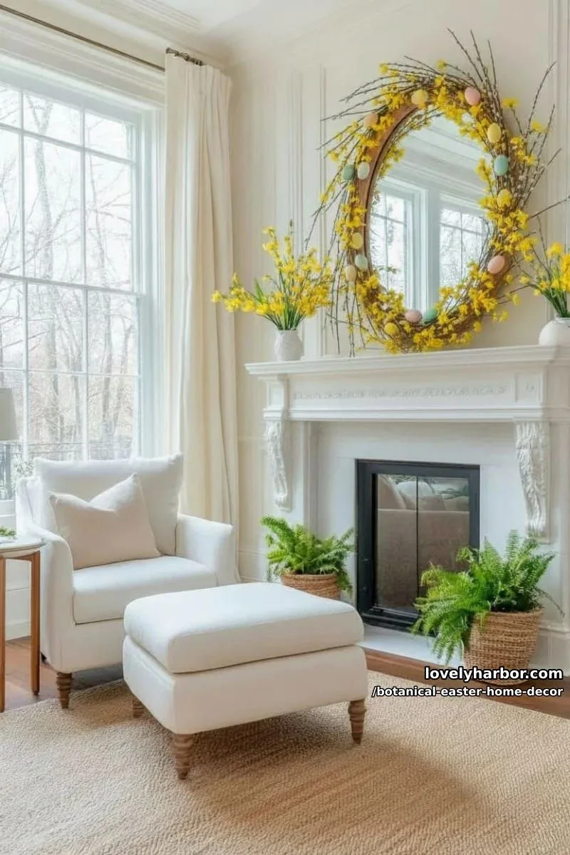 airy garlands of pussy willow, forsythia, and pastel wooden eggs over mirrors 1