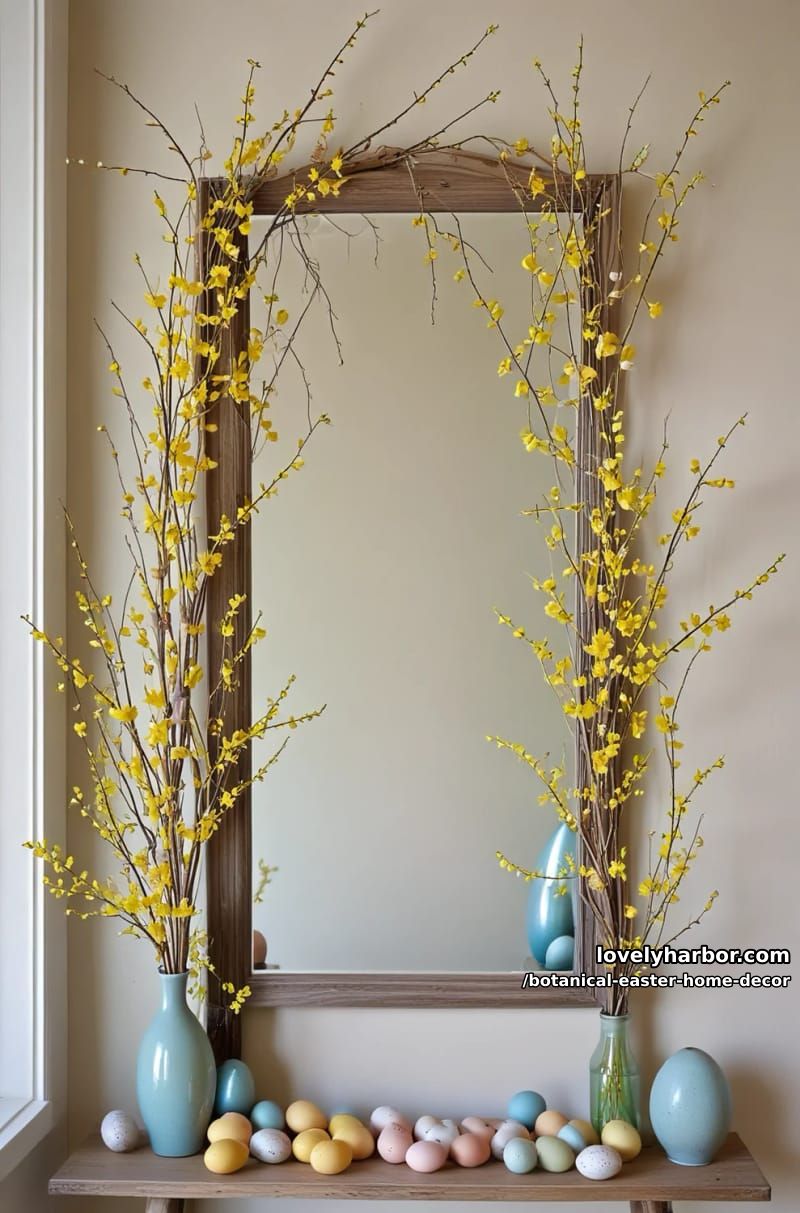 airy garlands of pussy willow, forsythia, and pastel wooden eggs over mirrors 1