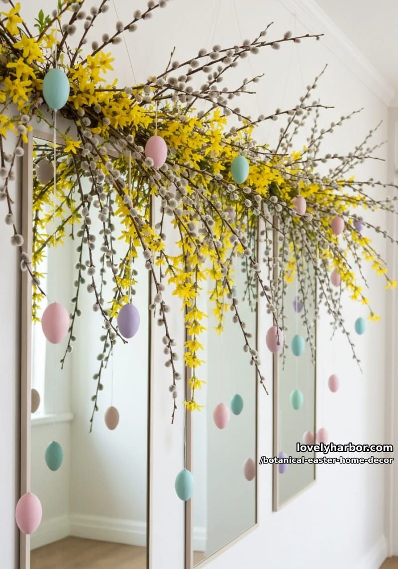 airy garlands of pussy willow, forsythia, and pastel wooden eggs over mirrors 1