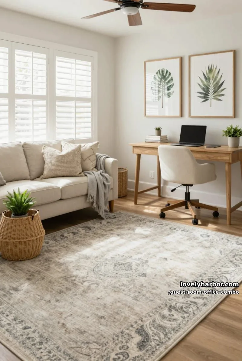airy home office with beige sofa, wood desk, botanical prints, and tall windows. 1