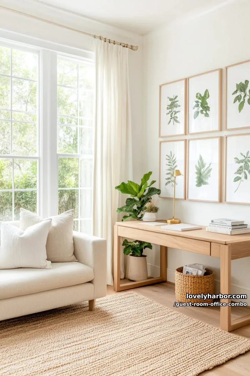 airy home office with beige sofa, wood desk, botanical prints, and tall windows. 1