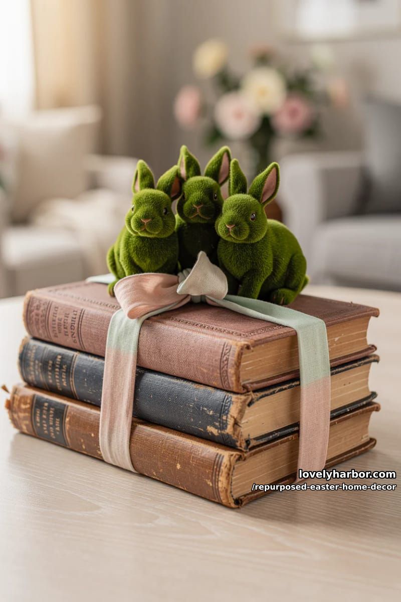 antique book stack tied with ribbon and topped with moss bunnies 1