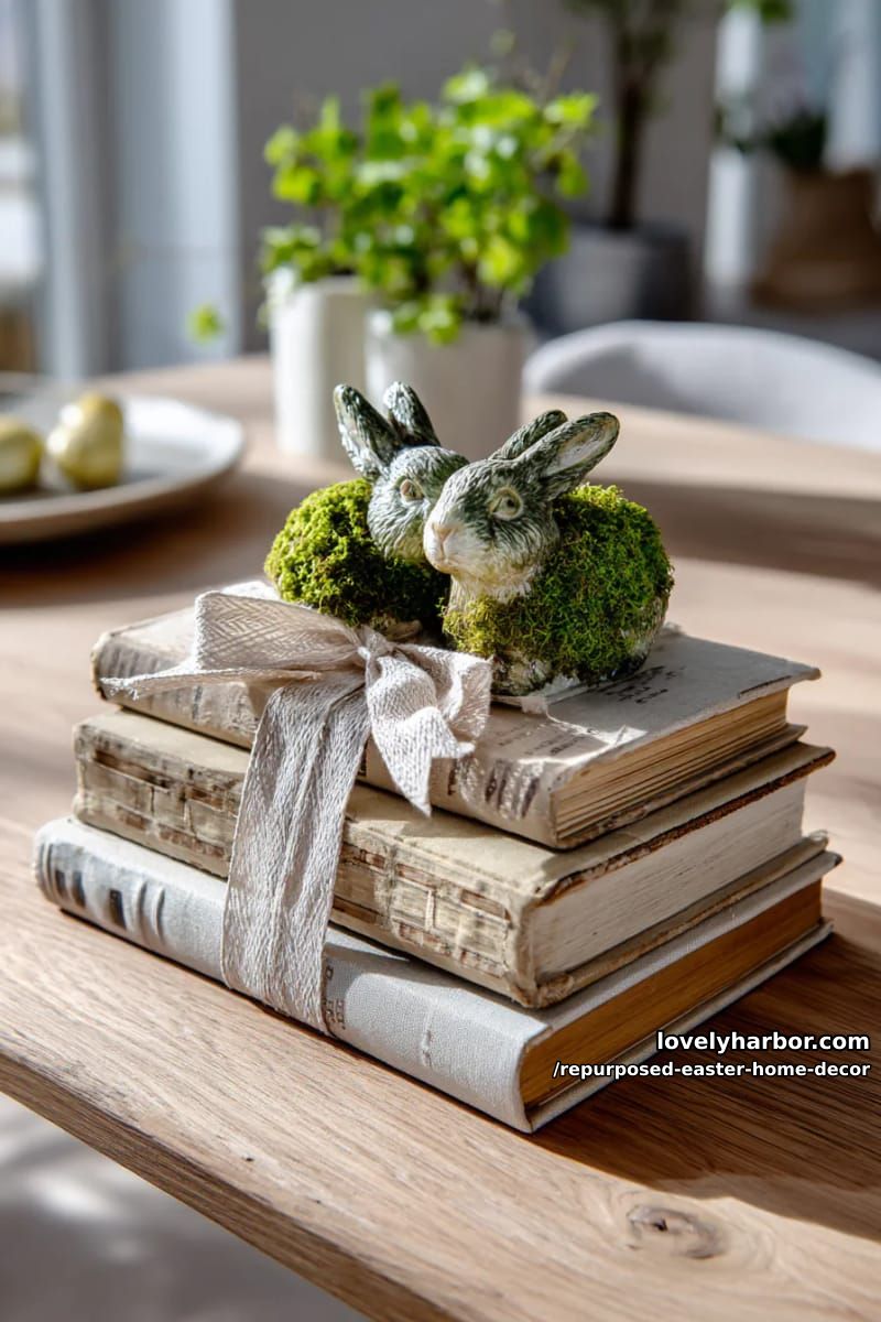 antique book stack tied with ribbon and topped with moss bunnies 1