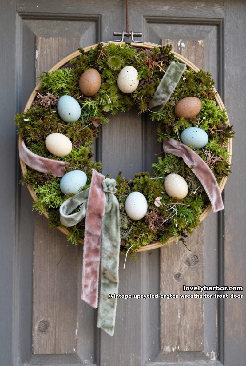 antique embroidery hoop filled with moss, tiny eggs, and faded velvet ribbons 1