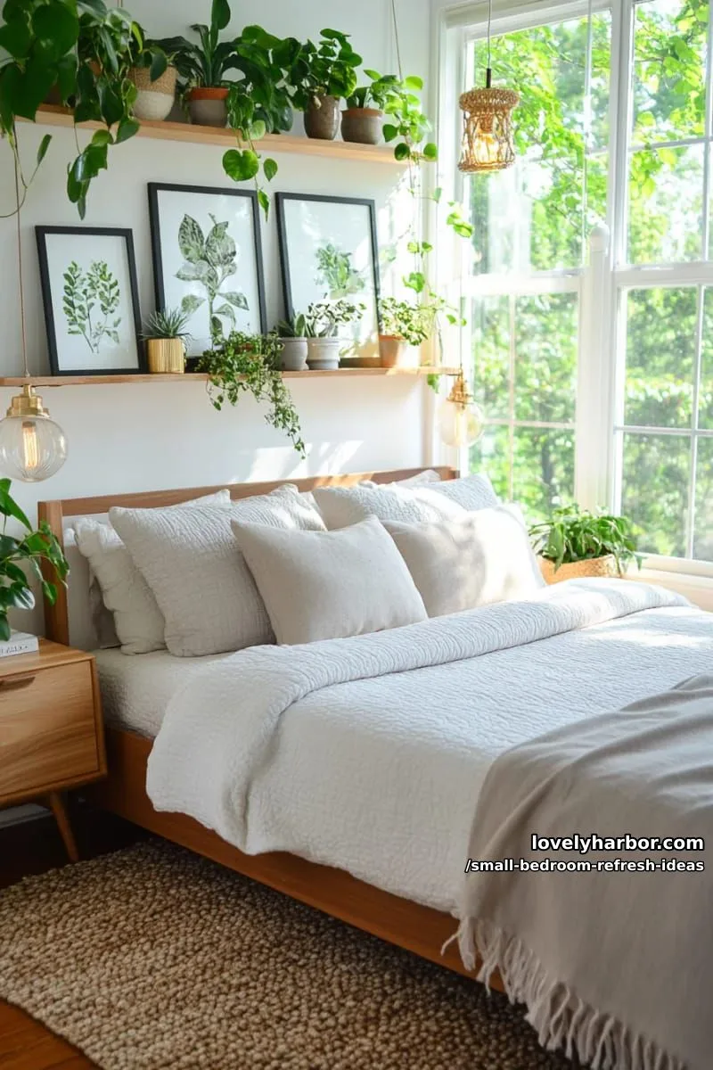 arrange a floating shelf gallery with plants and minimalistic art prints 1